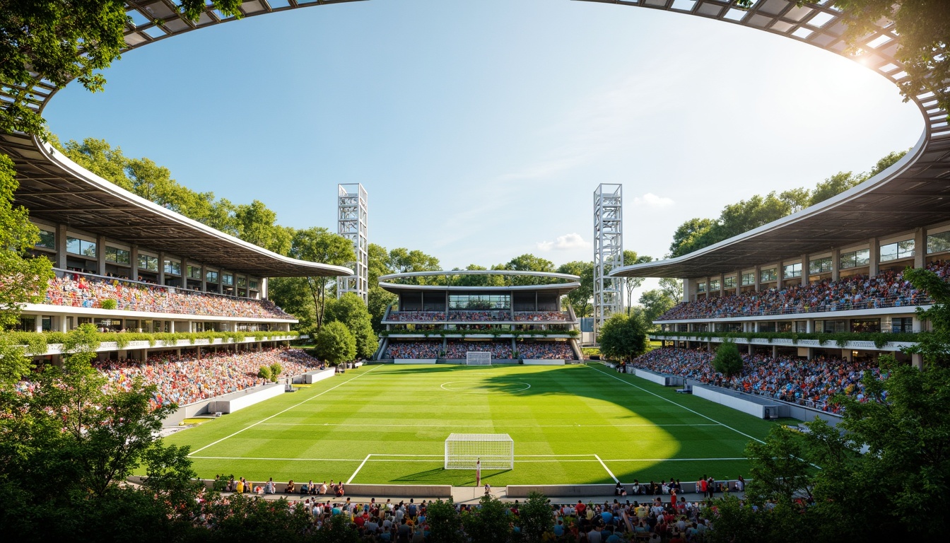 Prompt: Eco-friendly football stadium, lush green roofs, rainwater harvesting system, solar panels, wind turbines, recycled materials, energy-efficient LED lighting, natural ventilation systems, large windows, transparent fa\u00e7ade, open-air concourses, greenery-filled seating areas, sustainable landscaping, reduced carbon footprint, minimalist design, futuristic architecture, angular lines, metallic structures, vibrant colorful seats, dynamic crowd atmosphere, sunny day, soft warm lighting, shallow depth of field, 3/4 composition, panoramic view, realistic textures, ambient occlusion.