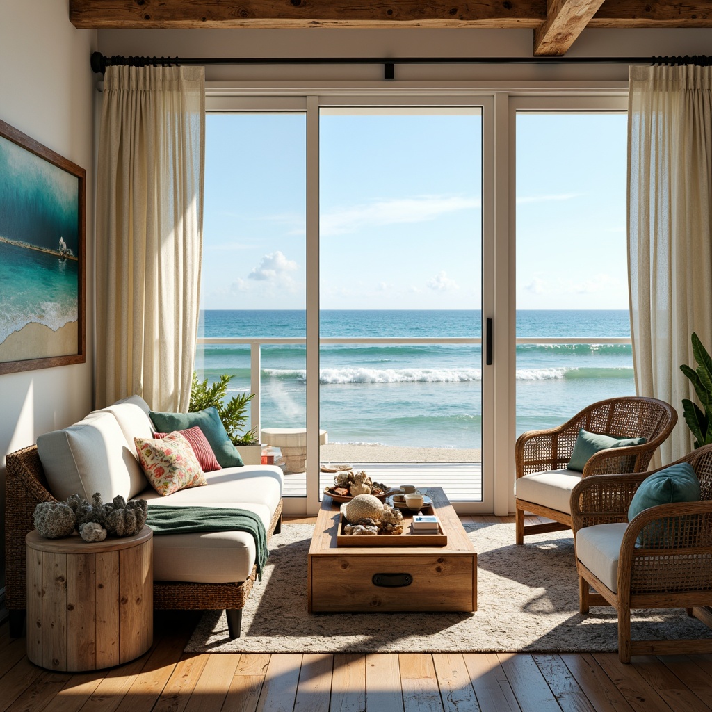 Prompt: Vibrant coastal living, oceanfront views, sandy beaches, driftwood accents, nautical ropes, coral-inspired patterns, turquoise waves, sunny days, warm golden lighting, shallow depth of field, 1/1 composition, realistic textures, ambient occlusion, natural fabrics, woven textiles, distressed wood furniture, beachy decorations, seashell collections, ocean-blue hues, crisp white trim, weathered wooden decks, salty air atmosphere.