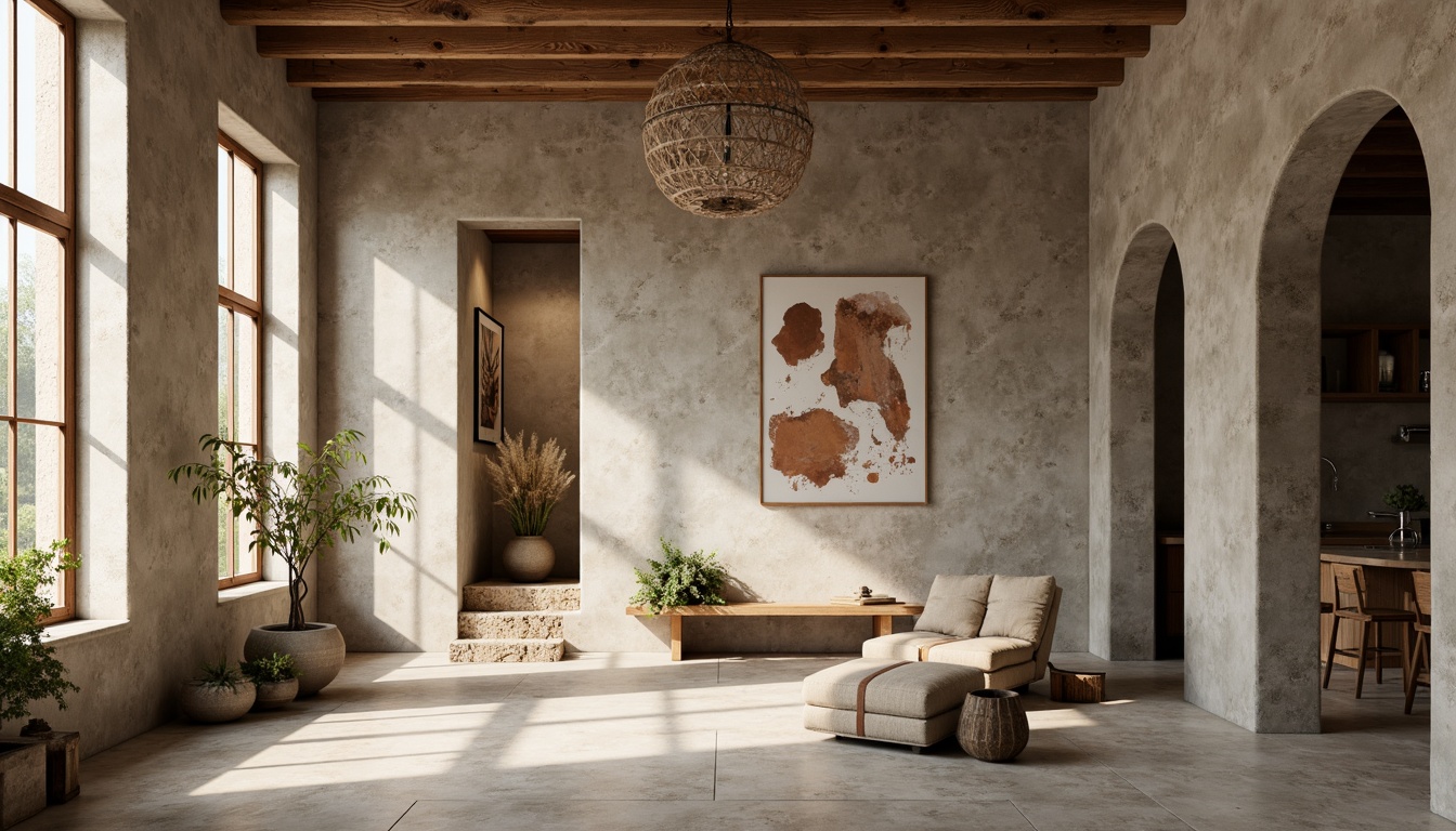 Prompt: Rustic plastered concrete walls, earthy tones, textured finishes, natural aggregates, rough-hewn stone accents, industrial chic aesthetic, urban loft atmosphere, modern minimalist decor, warm soft lighting, shallow depth of field, 1/1 composition, realistic rough textures, ambient occlusion.