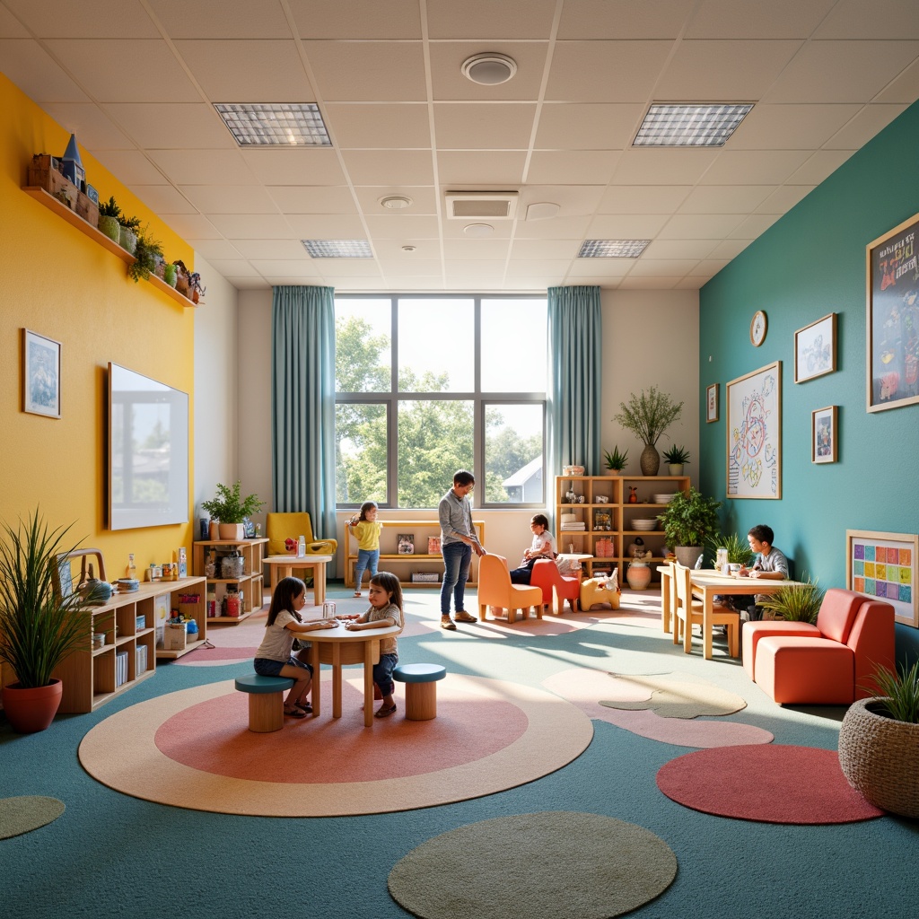 Prompt: Vibrant kindergarten, colorful walls, playful murals, interactive whiteboards, educational toys, soft carpeted floors, cozy reading nooks, circular tables, ergonomic chairs, stimulating artwork, natural light, airy atmosphere, collaborative learning areas, digital displays, engaging sensory experiences, textured play mats, imaginative play structures, joyful ambient sounds, warm lighting, shallow depth of field, 1/1 composition, realistic textures.