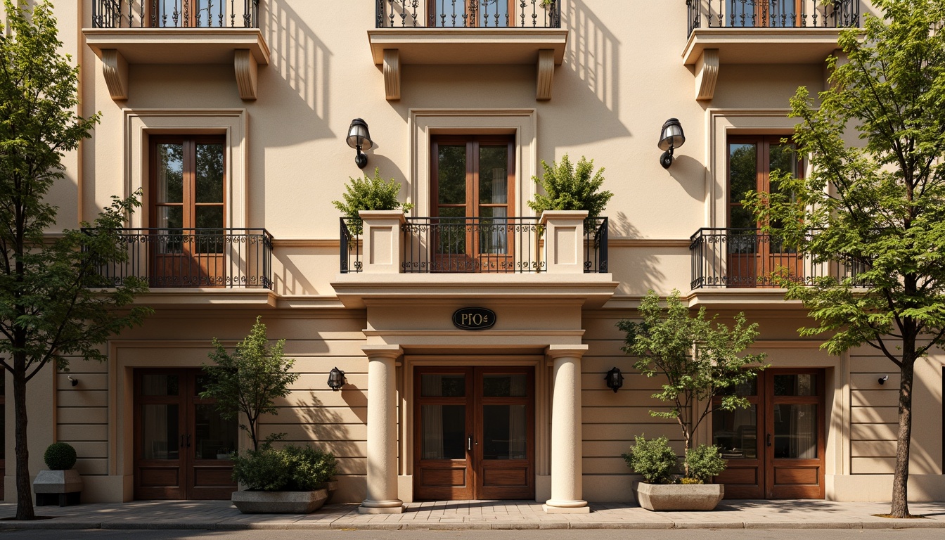 Prompt: Ornate social housing, neoclassical facade, symmetrical composition, grand entrance, ionic columns, ornate cornices, decorative balustrades, rusticated base, warm beige stone, elegant balconies, intricate wrought iron railings, classic French windows, soft golden lighting, shallow depth of field, 1/2 composition, realistic textures, ambient occlusion.