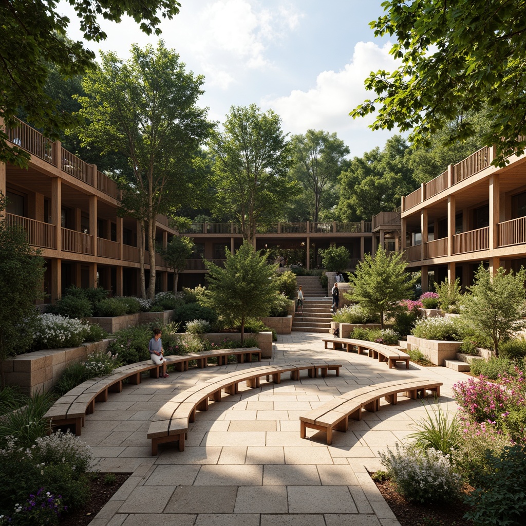 Prompt: Organic amphitheater, natural stone seating, curved rows, wooden benches, lush greenery, living walls, vibrant flowers, rustic metal railings, earthy color palette, warm ambient lighting, soft shadows, shallow depth of field, 3/4 composition, panoramic view, realistic textures, ambient occlusion.