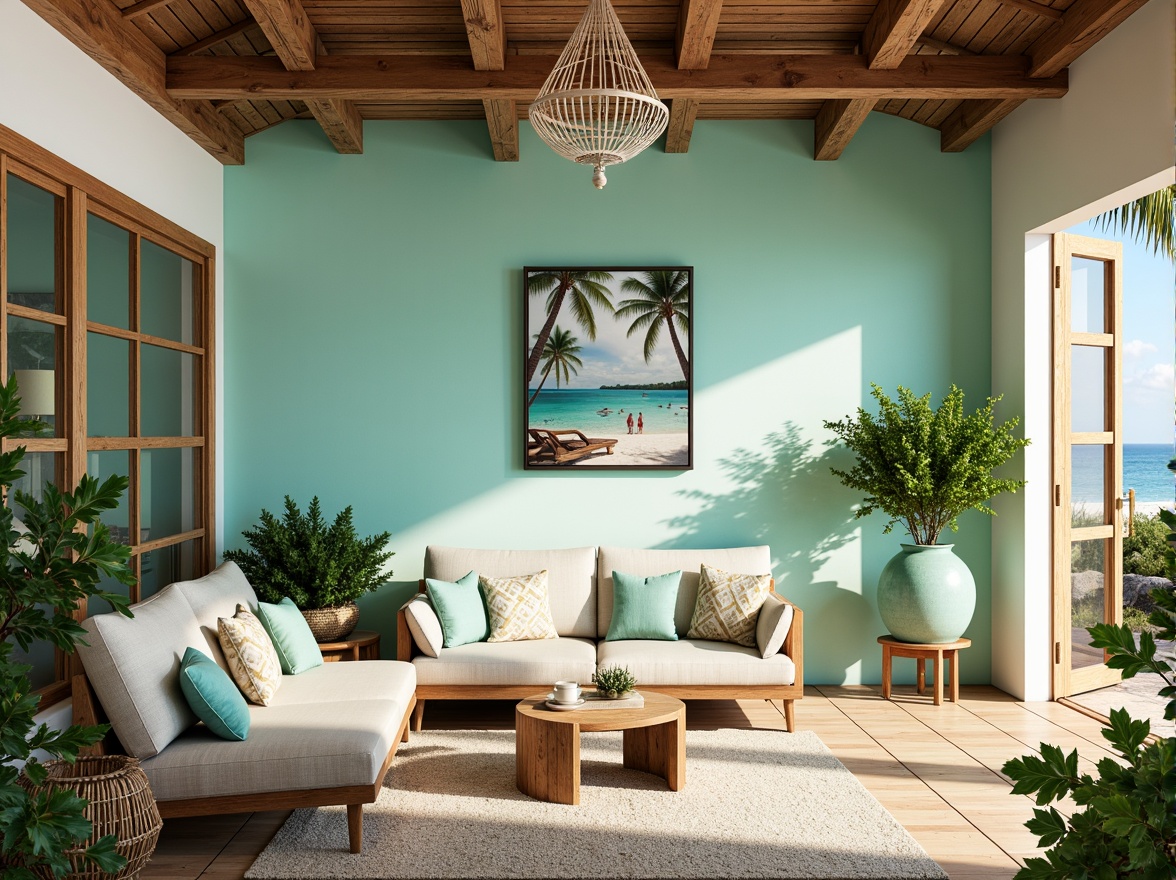 Prompt: Vibrant beachside villa, ocean-inspired color scheme, calming turquoise walls, crisp white trim, warm sandy floors, driftwood accents, nautical rope details, coral-patterned textiles, sea-glass chandeliers, natural linen upholstery, refreshing mint greenery, tropical palm trees, sunny coastal day, soft golden lighting, shallow depth of field, 1/1 composition, realistic oceanic textures, ambient occlusion.