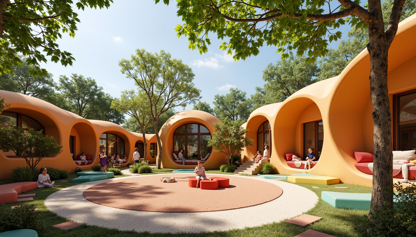 Prompt: Whimsical kindergarten building, curved organic shapes, bright playful colors, natural wood accents, wavy rooflines, irregular windows, soft rounded corners, cozy reading nooks, vibrant textile patterns, earthy tone flooring, lush greenery surroundings, sunny day, warm gentle lighting, shallow depth of field, 1/1 composition, intimate close-up shots, realistic textures, ambient occlusion.