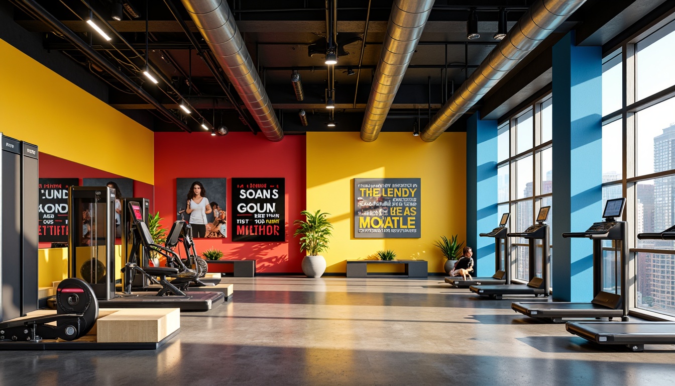 Prompt: Vibrant fitness center, bold primary colors, energetic yellow accents, motivational quotes, sleek metal equipment, modern industrial architecture, polished concrete floors, dynamic LED lighting, high-contrast color scheme, intense red tones, calming blue undertones, natural wood accents, minimalist decor, functional design elements, panoramic mirrors, inspirational wall art, urban cityscape views, morning sunlight, shallow depth of field, 1/1 composition, realistic textures, ambient occlusion.