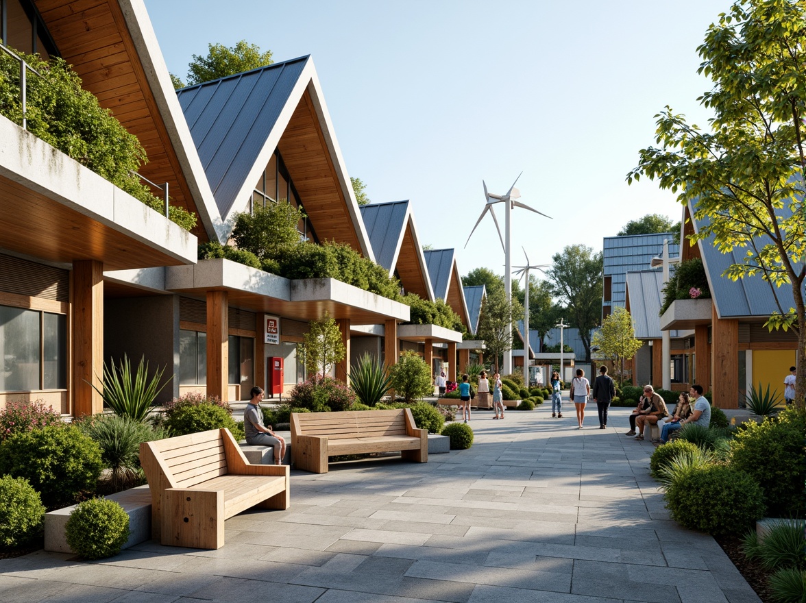 Prompt: Eco-friendly tram station, lush green roofs, native plant species, rainwater harvesting systems, solar panels, wind turbines, energy-efficient lighting, recycled materials, modern minimalist architecture, angular lines, vibrant colorful accents, shaded outdoor waiting areas, misting systems, natural stone walkways, wooden benches, educational signs, scenic views, soft warm lighting, shallow depth of field, 3/4 composition, panoramic view, realistic textures, ambient occlusion.