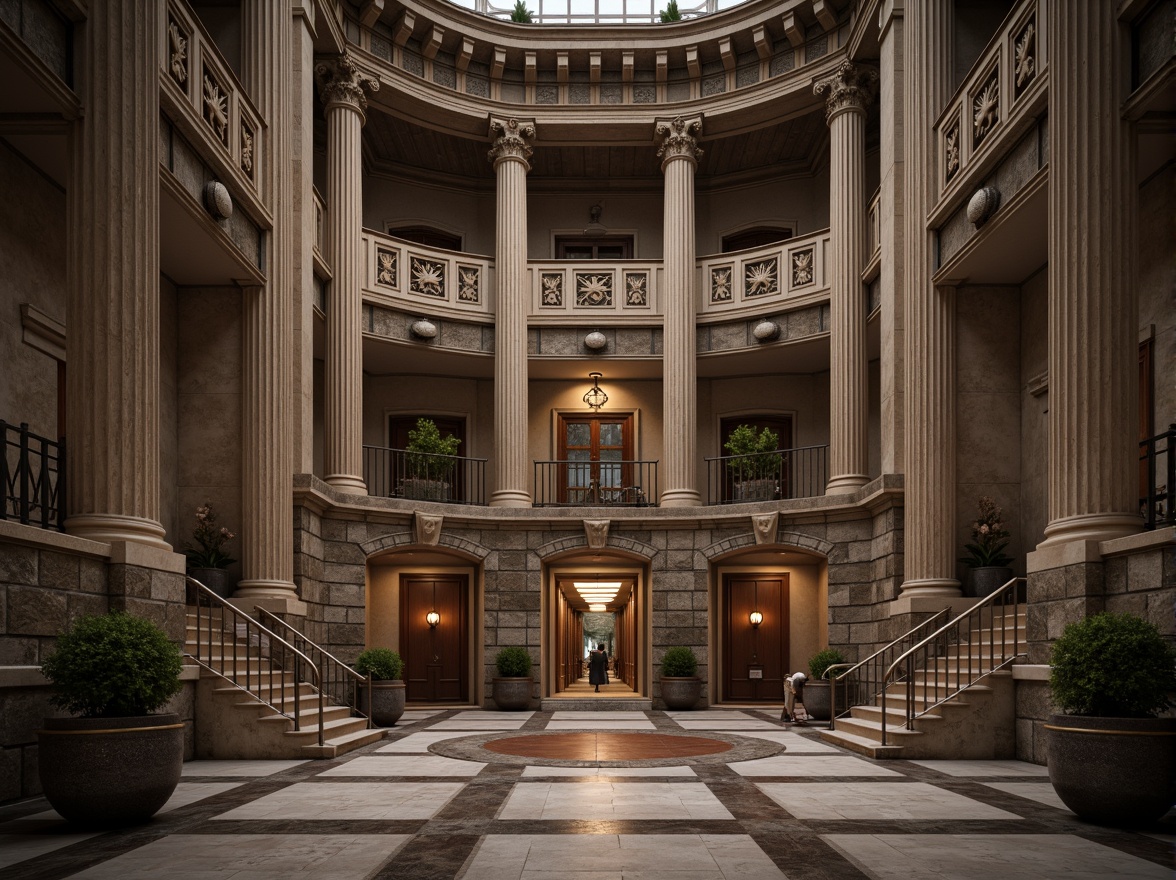 Prompt: Grandiose neoclassical building, towering columns, ornate capitals, intricate carvings, symmetrical facade, imposing entrance, sweeping staircases, majestic arches, decorative moldings, classical pediments, rustic stone walls, polished marble floors, stately proportions, dramatic lighting, low-angle shot, atmospheric perspective, rich textures, subtle color palette.