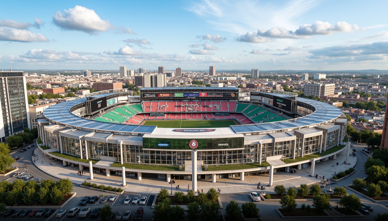 Prompt: Sleek stadium design, transparent fa\u00e7ade, glass roof, natural light pouring in, minimal pillars, unobstructed views, comfortable seating areas, vibrant team colors, dynamic LED lighting, modern scoreboards, open-air concourses, sweeping arches, cantilevered roofs, airy atriums, panoramic city views, bustling urban surroundings, warm sunny days, soft focus blur, 1/2 composition, shallow depth of field.