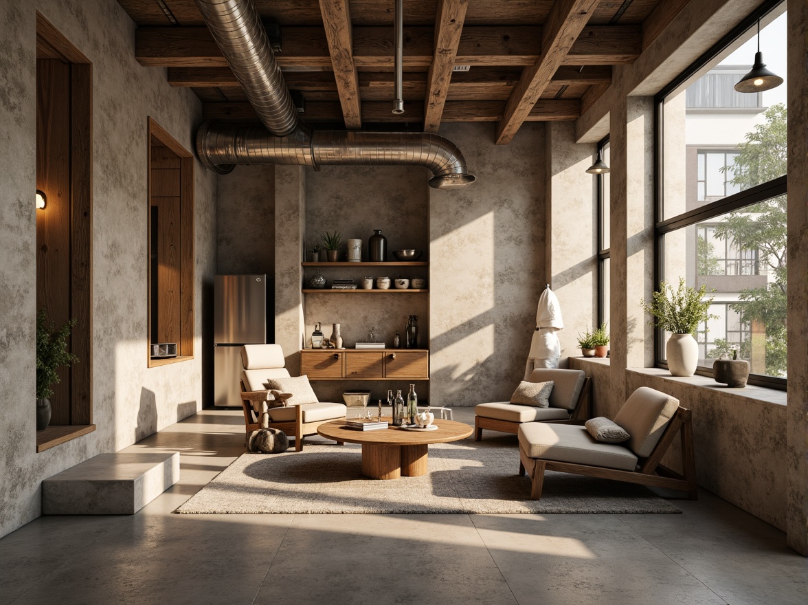 Prompt: Rustic concrete walls, earthy tone plastering, natural texture, rough-hewn stone accents, industrial-chic aesthetic, modern minimalist decor, urban loft atmosphere, exposed ductwork, polished metal fixtures, reclaimed wood furniture, warm ambient lighting, shallow depth of field, 3/4 composition, realistic textures, ambient occlusion.