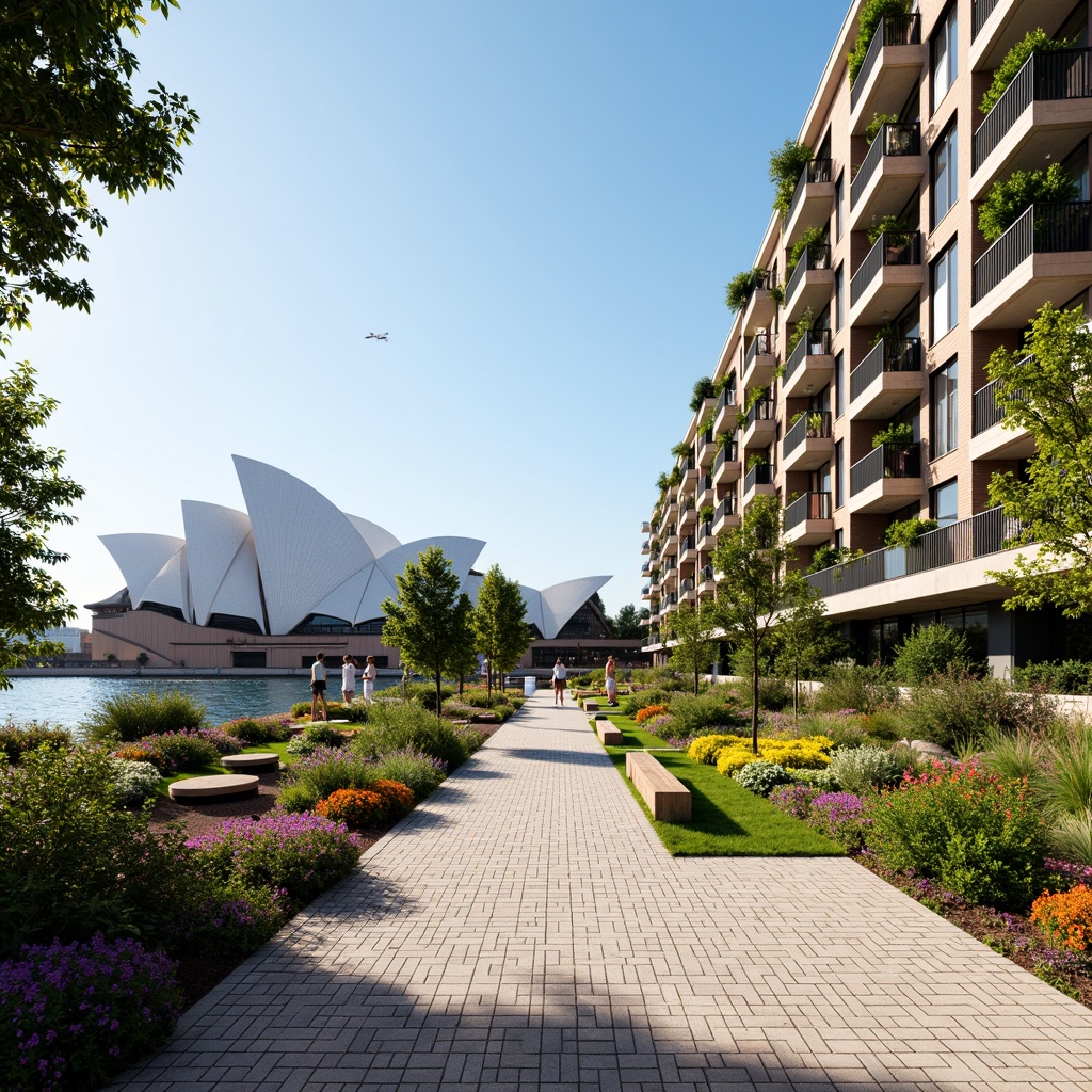 Prompt: Vibrant Sydney Harbour, iconic Opera House backdrop, modern social housing architecture, lush green roofs, vertical gardens, native Australian flora, colorful blooming flowers, meandering walkways, public art installations, waterfront promenade, sunny day, soft warm lighting, shallow depth of field, 3/4 composition, panoramic view, realistic textures, ambient occlusion, geometric patterned paving, wooden benches, outdoor seating areas, scenic lookout points.