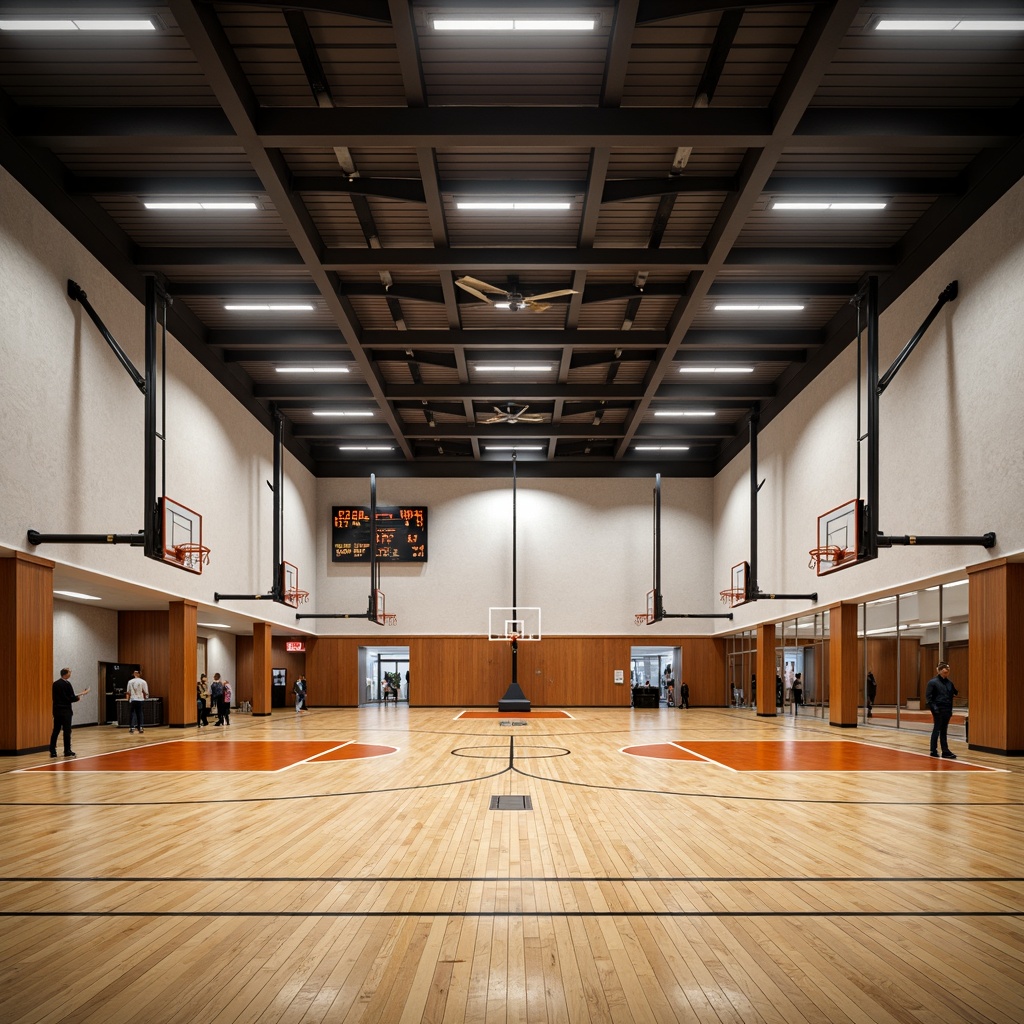 Prompt: Modern gymnasium interior, high ceiling, polished wood floors, athletic equipment, basketball hoops, volleyball nets, exercise machines, mirrored walls, dynamic LED lighting, warm color temperature, softbox lights, spotlights, indirect lighting, high-bay fixtures, suspended luminaires, energy-efficient solutions, daylight harvesting, sensor-controlled systems, 3D modeling, realistic textures, ambient occlusion.