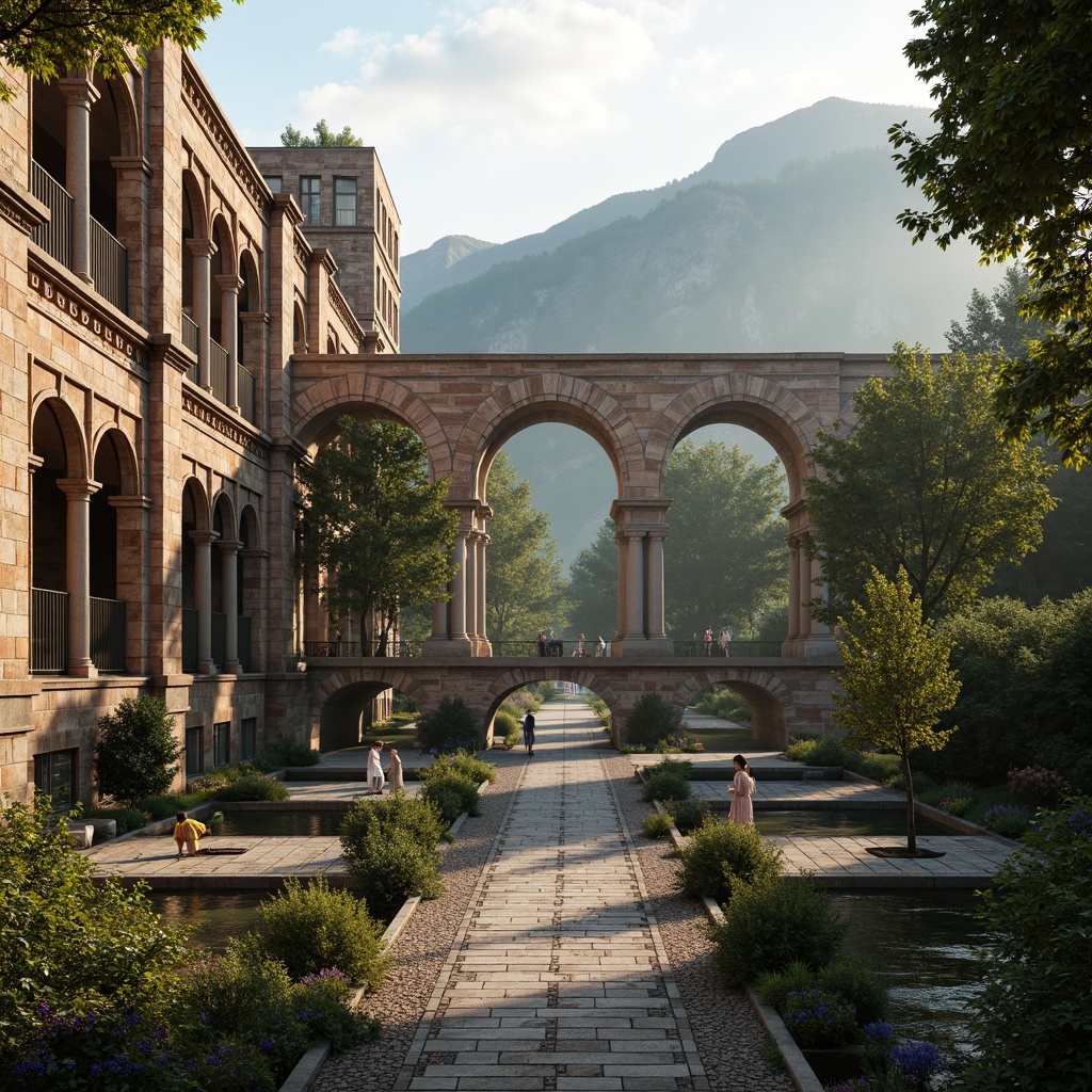 Prompt: Majestic Byzantine bridge, ornate stone arches, rustic brickwork, grandiose pillars, lush greenery, serene water reflections, gentle river flow, scenic mountain backdrop, misty atmosphere, warm golden lighting, shallow depth of field, 2/3 composition, symmetrical balance, realistic textures, ambient occlusion, intricate mosaics, ornate metal railings, rustic wooden accents, natural stone pathways, vibrant flowering plants, tranquil ambiance.