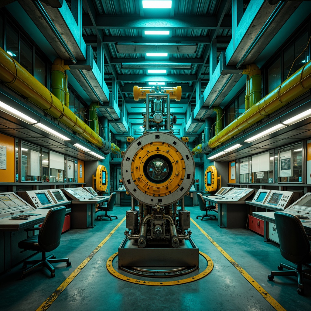 Prompt: Industrial machinery, metallic structures, vibrant turquoise pipes, neon green accents, bold yellow warning signs, rustic steel beams, functional control rooms, sleek modern architecture, high-tech gadgets, futuristic dashboards, dramatic lighting effects, low-angle shots, cinematic composition, realistic reflections, ambient occlusion.