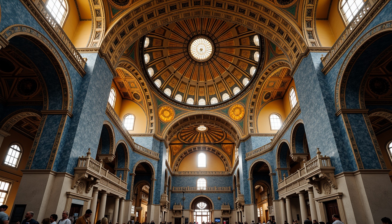 Prompt: Grand Byzantine dome, golden ornate details, intricately patterned mosaics, vibrant blue hues, majestic architectural structure, elaborate stone carvings, ornate capitals, grand arches, solemn sacred atmosphere, soft warm lighting, dramatic high ceilings, symmetrical composition, realistic textures, ambient occlusion.