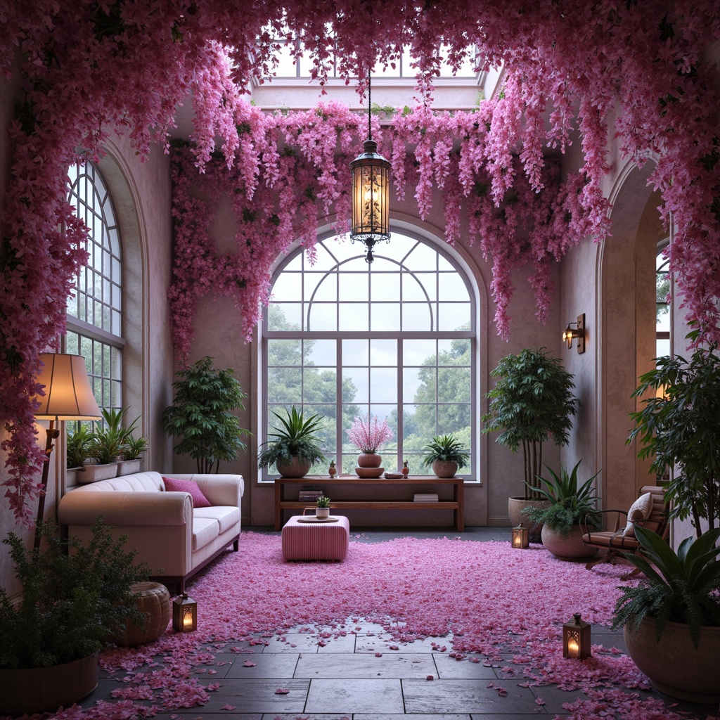 Prompt: Ethereal orchid-inspired architecture, soft pinkish-purple hues, delicate petals, ornate ironwork, whimsical lanterns, lush green foliage, misty atmospheric lighting, shallow depth of field, 1/1 composition, realistic textures, ambient occlusion, dreamy romantic ambiance, vintage distressed finishes, intricate stonework, curved lines, ornate furnishings, luxurious velvet drapes.