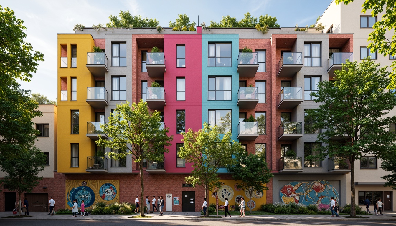 Prompt: Vibrant public housing facade, playful color blocking, irregular window patterns, modern brick textures, geometric balconies, lush green walls, urban street art, bustling city atmosphere, afternoon sunlight, shallow depth of field, 1/2 composition, realistic material renderings, ambient occlusion, community-focused architecture, sustainable building materials, eco-friendly design elements, social hub gathering spaces, lively pedestrian traffic, urban regeneration vibe.