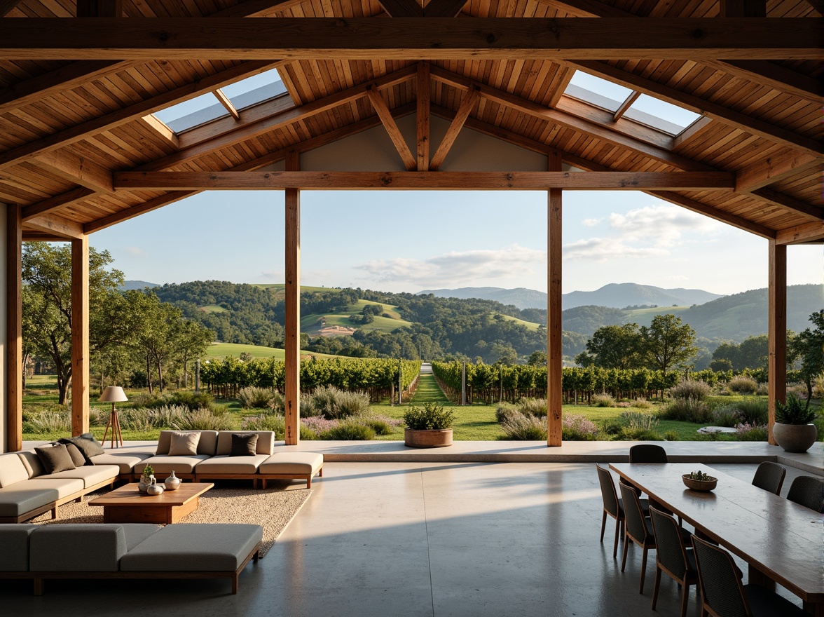 Prompt: Rustic winery, vineyard surroundings, rolling hills, lush greenery, abundant natural light, large windows, skylights, clerestory windows, open floor plan, minimalist interior design, polished concrete floors, reclaimed wood accents, earthy color palette, warm ambient lighting, soft diffused light, subtle shading, 1/1 composition, realistic textures, ambient occlusion.