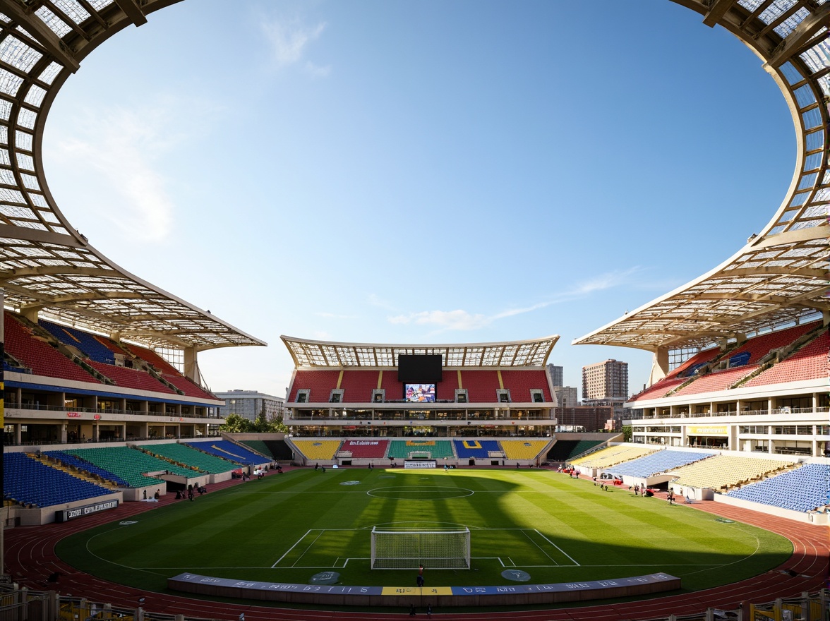 Prompt: Sleek football stadium, lightweight steel beams, curved rooflines, transparent polycarbonate facades, airy openings, cantilevered seating areas, vibrant team colors, lush green grass, athletic track, modern LED scoreboard, floodlights, sunny day, soft warm lighting, shallow depth of field, 3/4 composition, panoramic view, realistic textures, ambient occlusion.