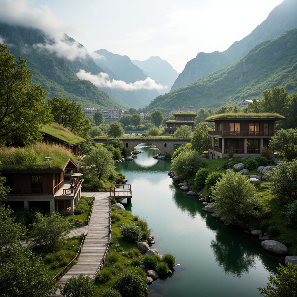 Prompt: Serene valley landscape, lush green hillsides, meandering streams, rustic stone bridges, wooden docks, tranquil water reflections, surrounding mountains, misty atmosphere, soft warm lighting, shallow depth of field, 3/4 composition, panoramic view, realistic textures, ambient occlusion, harmonious integration with natural surroundings, eco-friendly buildings, sustainable architecture, green roofs, solar panels, wind turbines, water conservation systems.