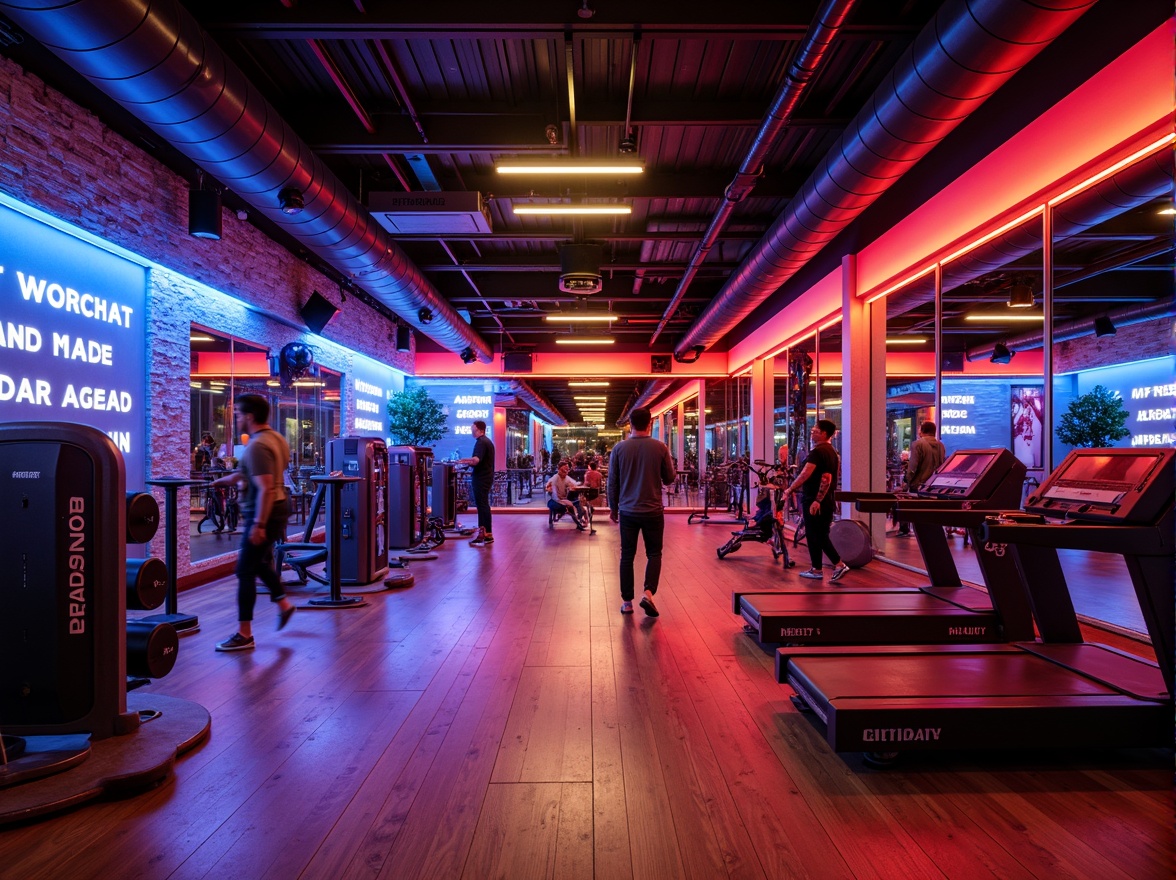 Prompt: Vibrant gym interior, bold color scheme, energetic atmosphere, bright neon lights, deep blues, fiery reds, electrifying yellows, motivational quotes, sleek metal equipment, polished wood floors, mirrored walls, modern architecture, high ceilings, natural stone accents, dynamic lighting, shallow depth of field, 3/4 composition, panoramic view, realistic textures, ambient occlusion.