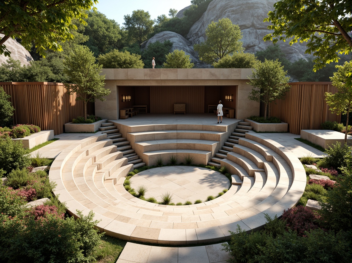 Prompt: Curved stone seats, organic-shaped amphitheater, lush greenery surroundings, natural rock formations, wooden accents, earthy color palette, warm lighting, soft shadows, tiered seating arrangement, circular stage, minimalistic design, acoustic enhancement systems, sound-absorbing materials, comfortable cushions, ergonomic chair designs, vibrant flora, sunny day, shallow depth of field, 1/2 composition, panoramic view, realistic textures, ambient occlusion.