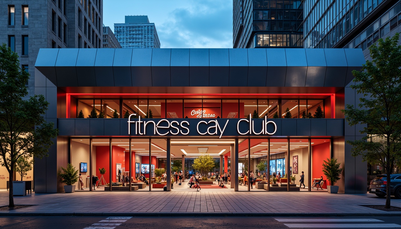 Prompt: Sleek fitness club facade, international style architecture, modern metallic materials, floor-to-ceiling glass walls, minimalist entrance design, bold color accents, dynamic LED lighting, urban cityscape background, busy street atmosphere, morning or evening natural light, shallow depth of field, 1/1 composition, realistic reflective surfaces, ambient occlusion, futuristic fitness equipment silhouettes, neon signage, geometric patterns, high-tech features integration.