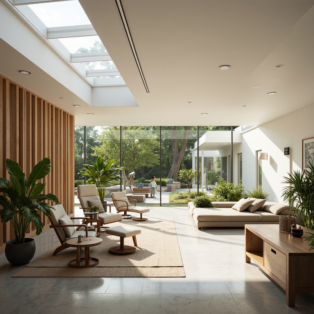 Prompt: Minimalist interior, abundant natural light, floor-to-ceiling windows, clerestory windows, skylights, open-plan living areas, reflective surfaces, polished concrete floors, white walls, wooden accents, greenery, potted plants, organic textures, warm color palette, soft shadows, 1/1 composition, high-angle shot, warm glow lighting, subtle contrast, ambient occlusion.