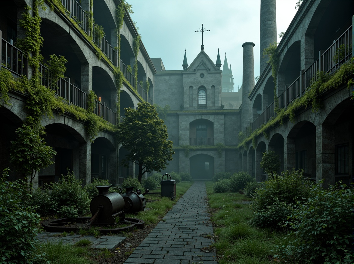 Prompt: Mysterious Gothic-style industrial complex, overgrown with lush ivy, moss-covered stone walls, intricate ironwork, pointed arches, grandiose chimneys, misty atmospheric lighting, eerie fog effects, abandoned machinery, rusted metal accents, weathered wooden fences, neglected pathways, crumbling brickwork, foreboding atmosphere, cinematic composition, low-key lighting, mysterious shadows, 1/2 composition, dramatic depth of field.