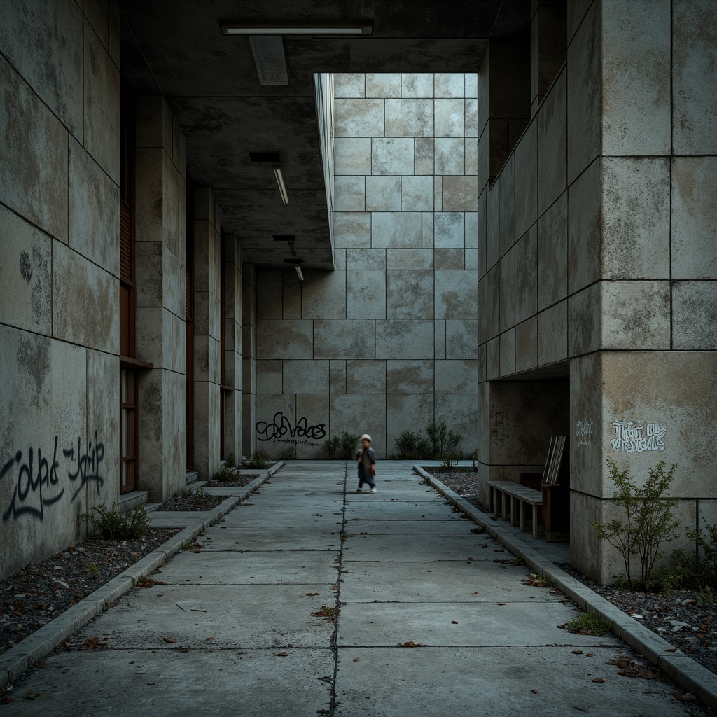 Prompt: Raw concrete walls, rugged stone textures, brutalist architecture, industrial chic aesthetic, minimalist decor, exposed ductwork, steel beams, urban decay, graffiti-covered surfaces, distressed finishes, poured concrete floors, cold atmospheric lighting, high contrast shadows, dramatic focal points, cinematic composition, moody color palette, gritty realism, post-apocalyptic ambiance.