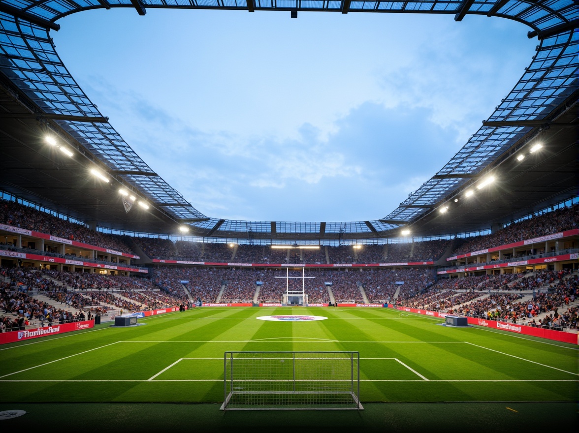 Prompt: Sleek football stadium, curved rooflines, lightweight metallic frameworks, translucent canopies, open-air grandstands, vibrant team colors, lush green grass, athletic tracks, modern floodlights, evening ambient lighting, shallow depth of field, 3/4 composition, panoramic view, realistic textures, ambient occlusion.