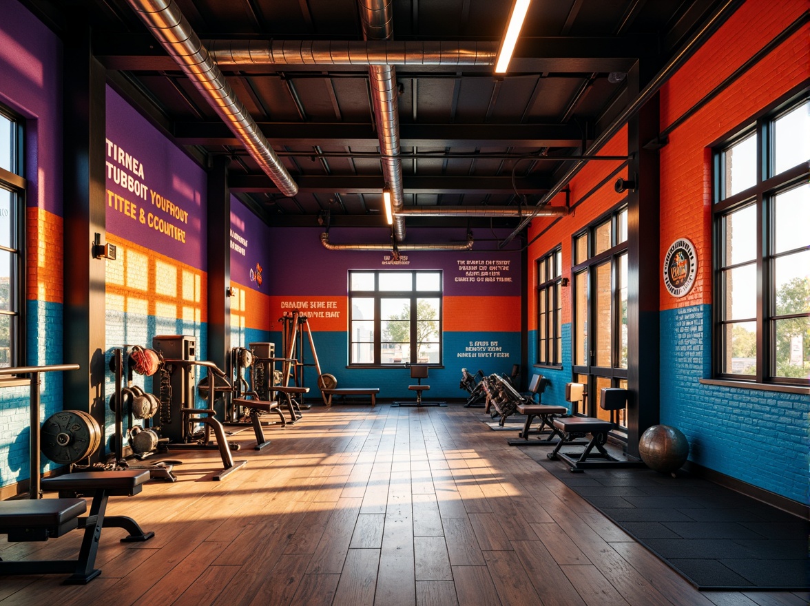 Prompt: Vibrant gym interior, bold color scheme, energetic atmosphere, dynamic lighting, motivational quotes, modern sports equipment, sleek metal beams, polished wooden floors, sturdy brick walls, industrial-style windows, natural ventilation systems, urban-inspired graffiti, bright accent colors, high-contrast tones, intense warm lighting, shallow depth of field, 1/1 composition, realistic textures, ambient occlusion.