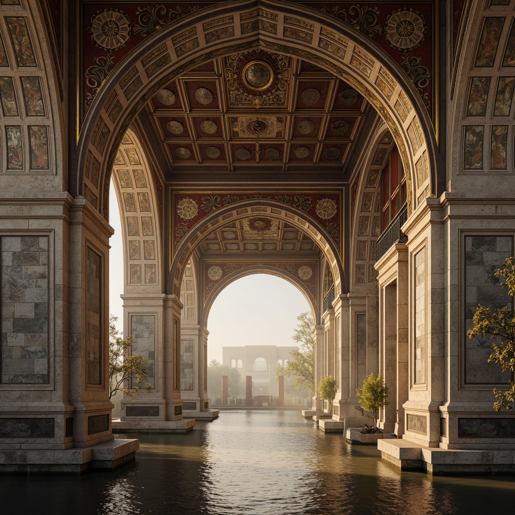 Prompt: Majestic Byzantine-style bridge, grandiose arches, ornate stonework, intricate mosaics, golden accents, rustic stone pillars, elegant curves, symmetrical composition, serene water reflections, misty morning atmosphere, soft warm lighting, shallow depth of field, 1/1 composition, realistic textures, ambient occlusion.