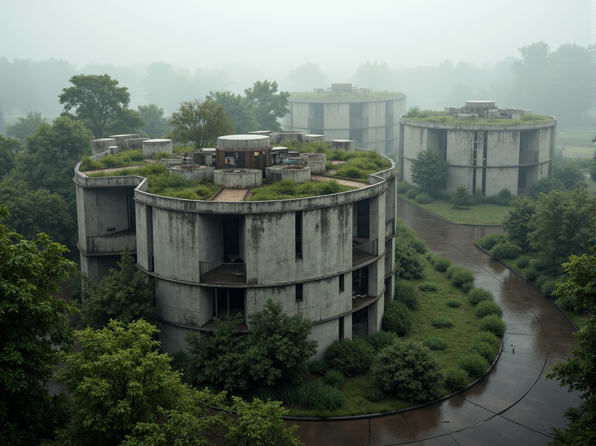 Prompt: Rugged brutalist buildings, raw concrete textures, fortress-like structures, lush green roofs, overgrown vegetation, industrial landscapes, abandoned factories, urban decay, distressed metal accents, weathered wooden elements, dramatic natural lighting, ominous foggy atmosphere, high contrast photography, 1/1 composition, symmetrical framing, gritty realistic renderings, ambient occlusion, detailed normal maps.