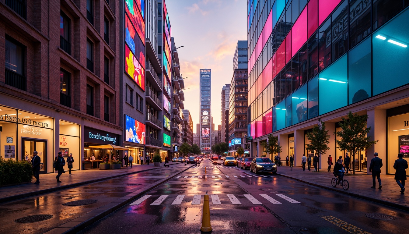 Prompt: Vibrant urban landscape, bold color contrasts, striking visual effects, modern architectural design, glass and steel structures, neon lights, bustling city streets, dynamic energy, high-rise buildings, abstract geometric patterns, futuristic ambiance, dramatic shadowing, warm golden lighting, cinematic composition, 1/1 aspect ratio, realistic reflections.