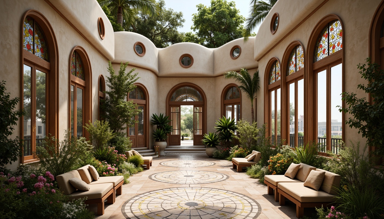 Prompt: Whimsical dental clinic, ornate facades, sinuous lines, organic forms, floral patterns, stained glass windows, grand entranceways, lush greenery, vibrant flowers, curved benches, intricate mosaics, natural stone flooring, warm wooden accents, soft warm lighting, shallow depth of field, 3/4 composition, panoramic view, realistic textures, ambient occlusion.