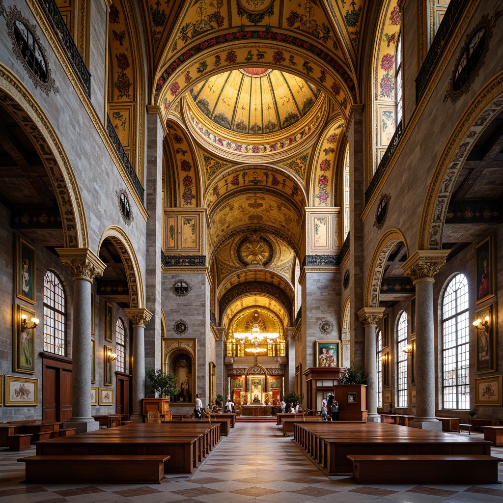 Prompt: Intricate mosaics, golden domes, ornate crosses, Byzantine patterns, richly textured stone walls, arched windows, grandiose entranceways, vibrant apse decorations, solemn ambiance, soft warm lighting, shallow depth of field, 3/4 composition, panoramic view, realistic textures, ambient occlusion.