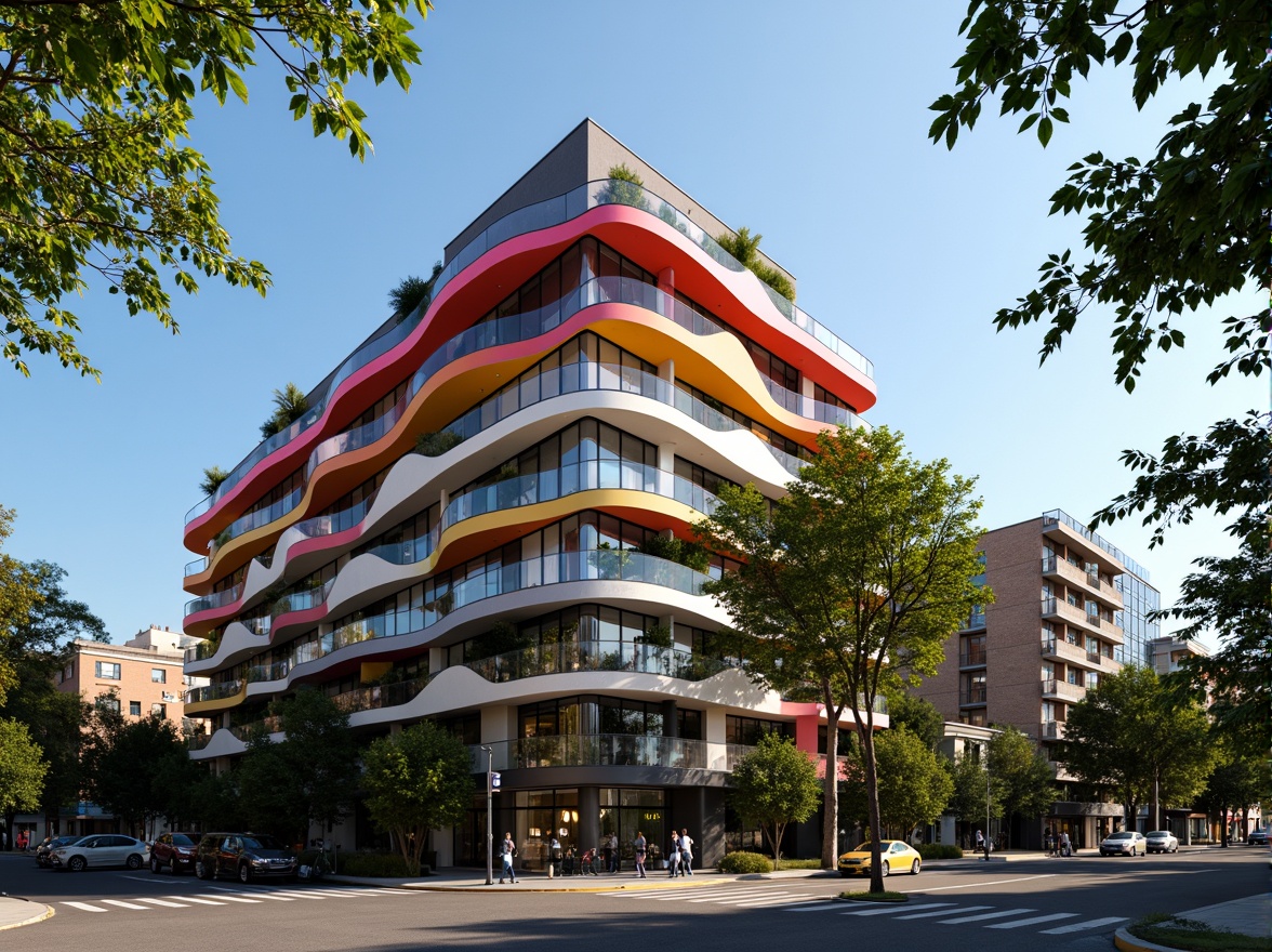 Prompt: Vibrant residential exterior, bold color blocking, irregular shapes, futuristic facades, experimental materials, translucent panels, LED lighting installations, cantilevered roofs, angular balconies, urban cityscape, dense tree foliage, sunny afternoon, dramatic shadows, 1/1 composition, low-angle shot, realistic renderings, ambient occlusion.Please let me know if this meets your requirements!