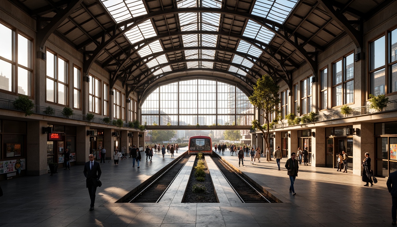 Prompt: Grand train station, high ceilings, large windows, natural ventilation systems, clerestory windows, skylights, atriums, open concourses, airy platforms, steel roof structures, industrial aesthetics, modern architecture, urban landscapes, busy city streets, morning sunlight, soft warm lighting, shallow depth of field, 1/1 composition, panoramic view, realistic textures, ambient occlusion.