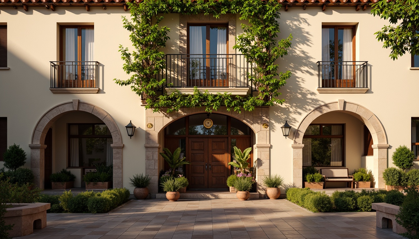 Prompt: Renaissance-style hostel facade, ornate stonework, arched windows, rustic wooden doors, intricate ironwork, vintage lanterns, creamy stucco walls, terracotta roof tiles, lush greenery, flowering vines, ornamental fountains, grand entranceways, symmetrical composition, warm golden lighting, soft focus, shallow depth of field, 1/2 composition, detailed textures, ambient occlusion.