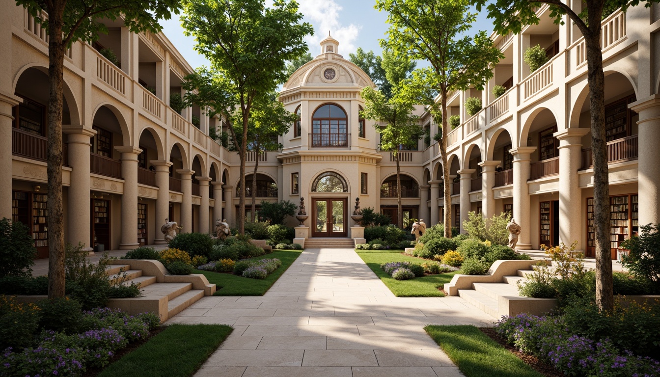 Prompt: Elegant library facade, ornate stone columns, symmetrical architecture, lush greenery, vibrant flowers, manicured lawns, meandering pathways, ornamental fountains, classical sculptures, grand entranceways, sweeping staircases, high ceilings, wooden bookshelves, comfortable reading nooks, natural light pouring in, soft warm lighting, 3/4 composition, panoramic view, realistic textures, ambient occlusion.Let me know if this meets your expectations!