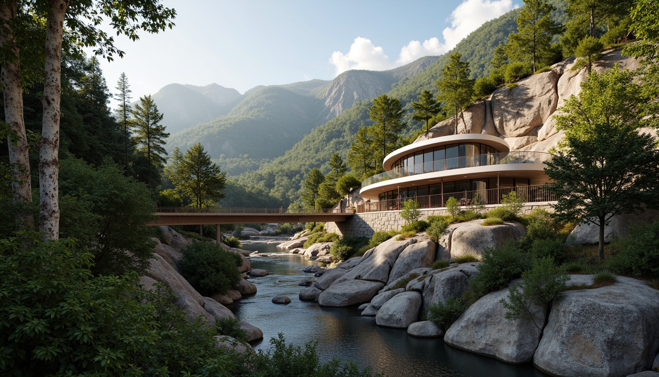 Prompt: Serene mountainous backdrop, lush green forests, meandering rivers, rugged rock formations, rustic wooden bridges, modern architecture integration, sleek steel beams, glass fa\u00e7ades, cantilevered overhangs, organic curves, harmonious balance, natural stone walls, earthy tones, warm ambient lighting, soft misty atmosphere, 1/1 composition, aerial perspective, realistic foliage, subtle depth of field.