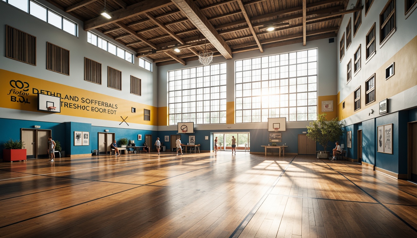 Prompt: Bright gymnasium interior, large windows, natural light pouring in, high ceilings, open spaces, athletic tracks, basketball courts, volleyball nets, exercise equipment, wooden flooring, sports-themed decorations, motivational quotes, inspirational posters, dynamic color schemes, energizing ambiance, soft warm lighting, shallow depth of field, 3/4 composition, realistic textures, ambient occlusion.