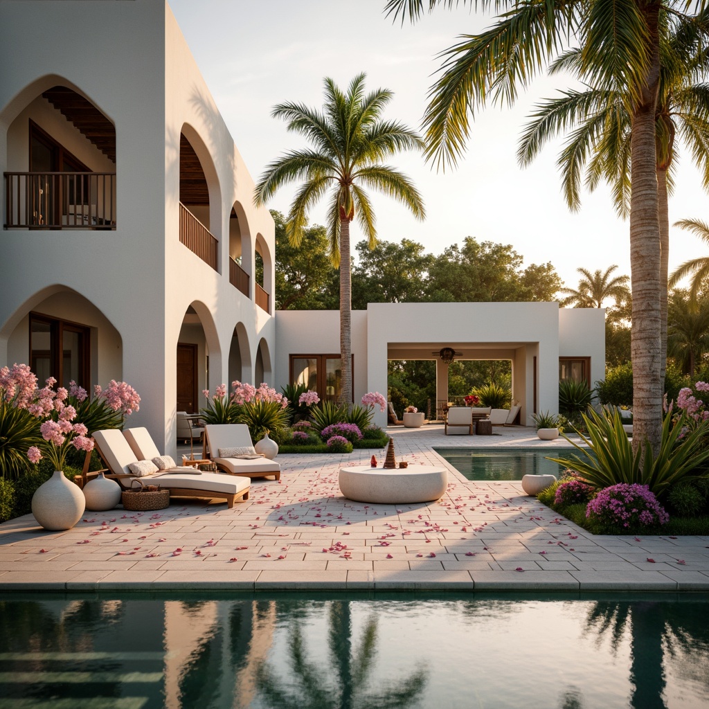 Prompt: Luxuriant orchid-inspired villa, delicate petals, soft pastel hues, creamy whites, rich berry accents, velvety smooth textures, ornate metalwork, whimsical garden ornaments, lush greenery, majestic palm trees, serene water features, warm golden lighting, shallow depth of field, 1/1 composition, intimate close-ups, realistic reflections, ambient occlusion.