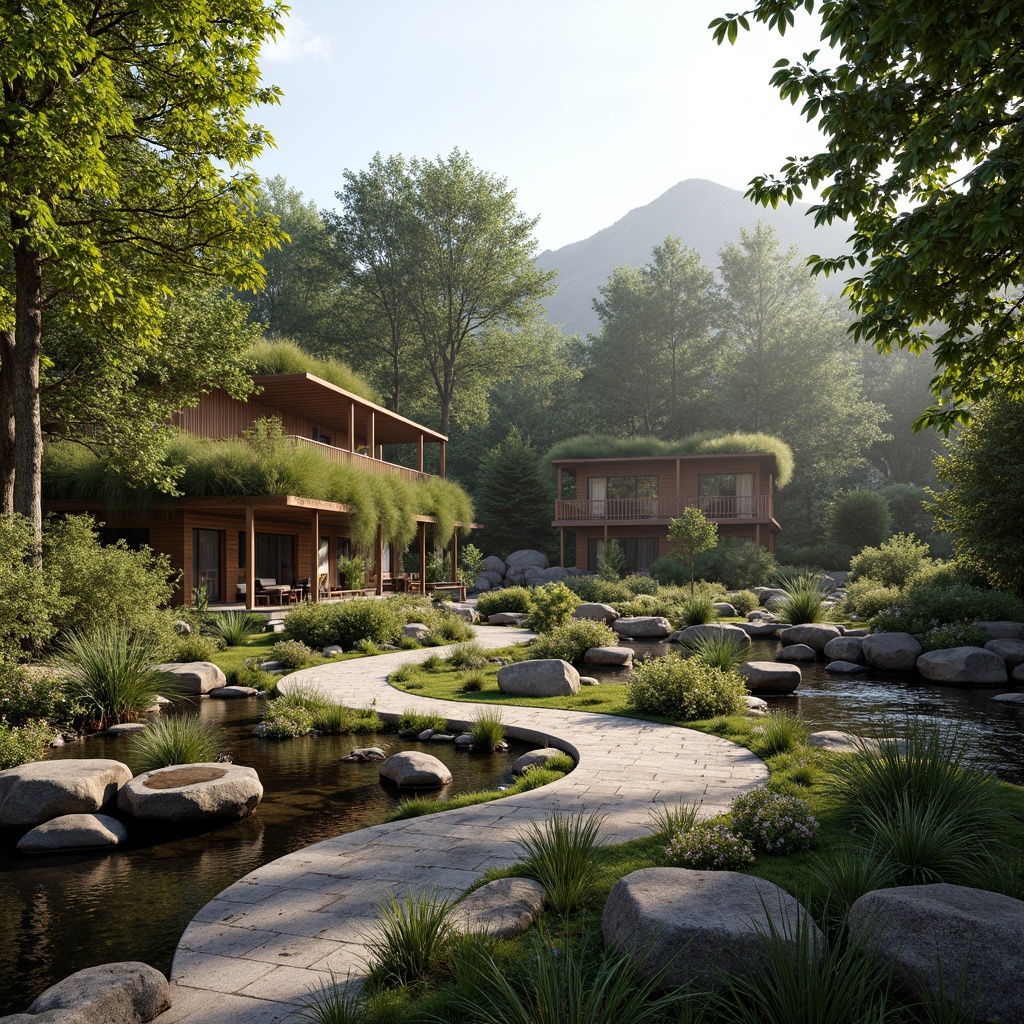 Prompt: Harmonious landscape integration, blending organic curves, rustic stone walls, lush green roofs, native plant species, meandering pathways, wooden bridges, serene water features, reflective pools, naturalistic architecture, earthy tones, weathered wood accents, moss-covered stones, babbling brooks, sunny clear skies, soft warm lighting, atmospheric perspective, 1/2 composition, cinematic view, realistic textures, ambient occlusion.