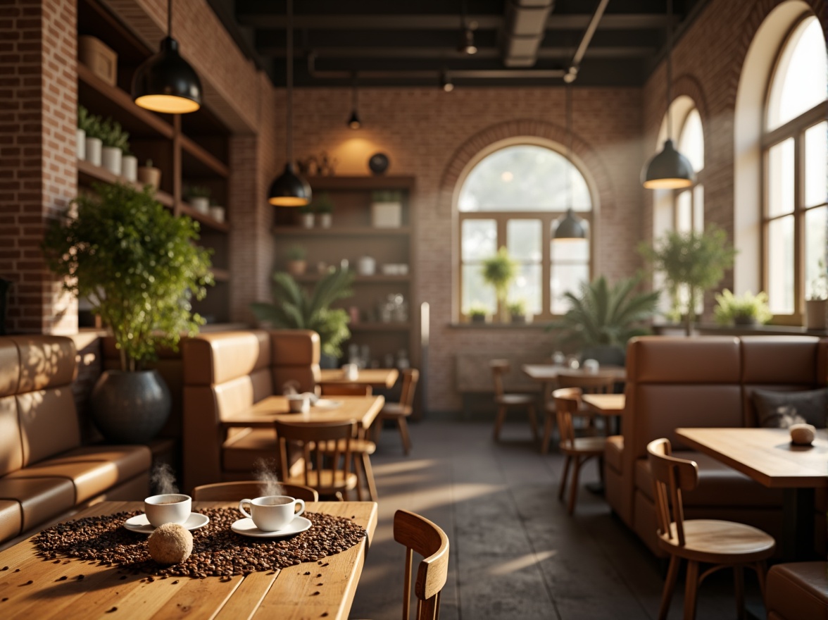 Prompt: Cozy coffee shop, warm earthy tones, rich brown wood accents, soft beige walls, comfortable seating areas, vintage industrial decor, exposed brick walls, reclaimed wood tables, metal pendant lamps, aromatic coffee beans, steamy milk textures, morning sunlight, soft warm lighting, shallow depth of field, 2/3 composition, realistic wood grain, ambient occlusion.