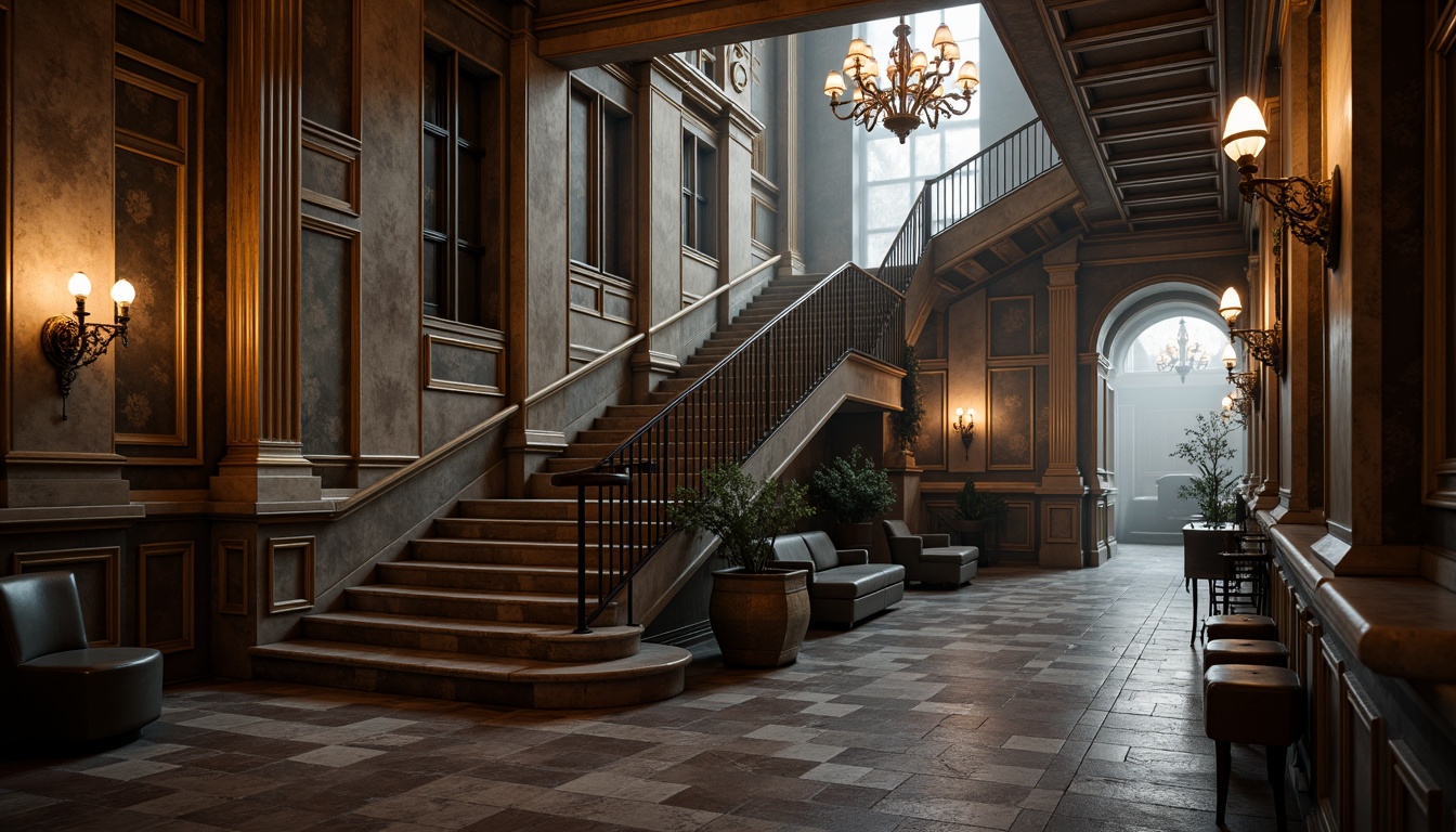 Prompt: Granite stone walls, ornate ironwork, lavish gold accents, intricate marble patterns, imposing columns, grand staircases, rich wood paneling, opulent chandeliers, dramatic archways, mysterious foggy atmosphere, low-key warm lighting, shallow depth of field, 1/2 composition, cinematic view, highly detailed textures, ambient occlusion.