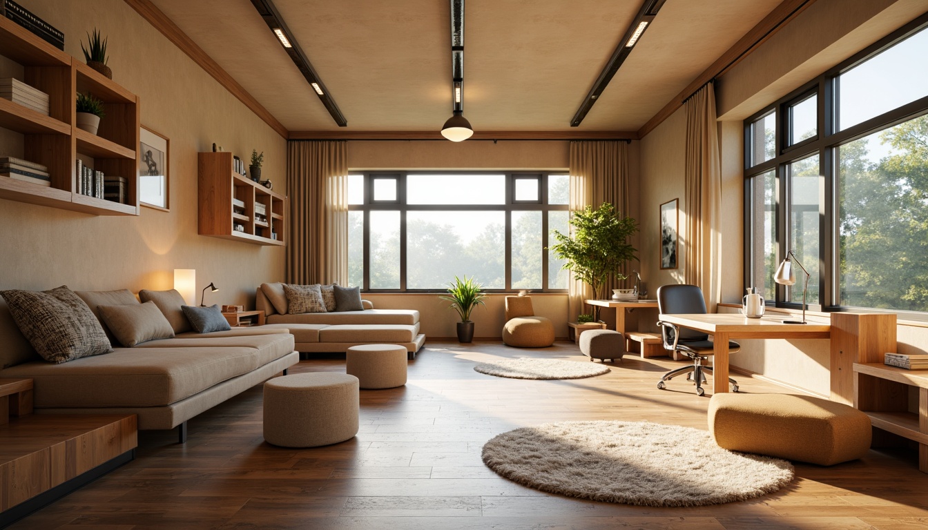 Prompt: Cozy dormitory, warm beige walls, wooden flooring, comfortable beds, study desks, ergonomic chairs, bookshelves, soft cushions, natural light, floor-to-ceiling windows, minimalist decor, industrial-chic lighting, modern furniture, built-in storage, plush area rugs, calming color scheme, peaceful atmosphere, shallow depth of field, 1/2 composition, realistic textures, ambient occlusion.