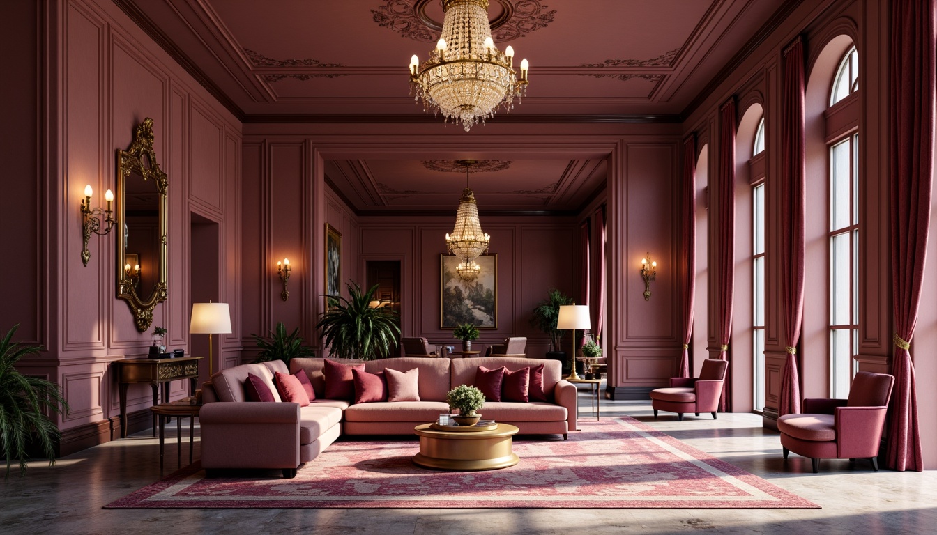 Prompt: Rich mauve hues, soft warm lighting, luxurious interior design, plush velvet furniture, ornate golden accents, lavish decorative patterns, opulent chandeliers, sophisticated architectural details, grandiose high ceilings, sumptuous textile fabrics, elegant marble floors, refined modern minimalism, subtle gradient effects, 1/1 composition, shallow depth of field, realistic ambient occlusion.