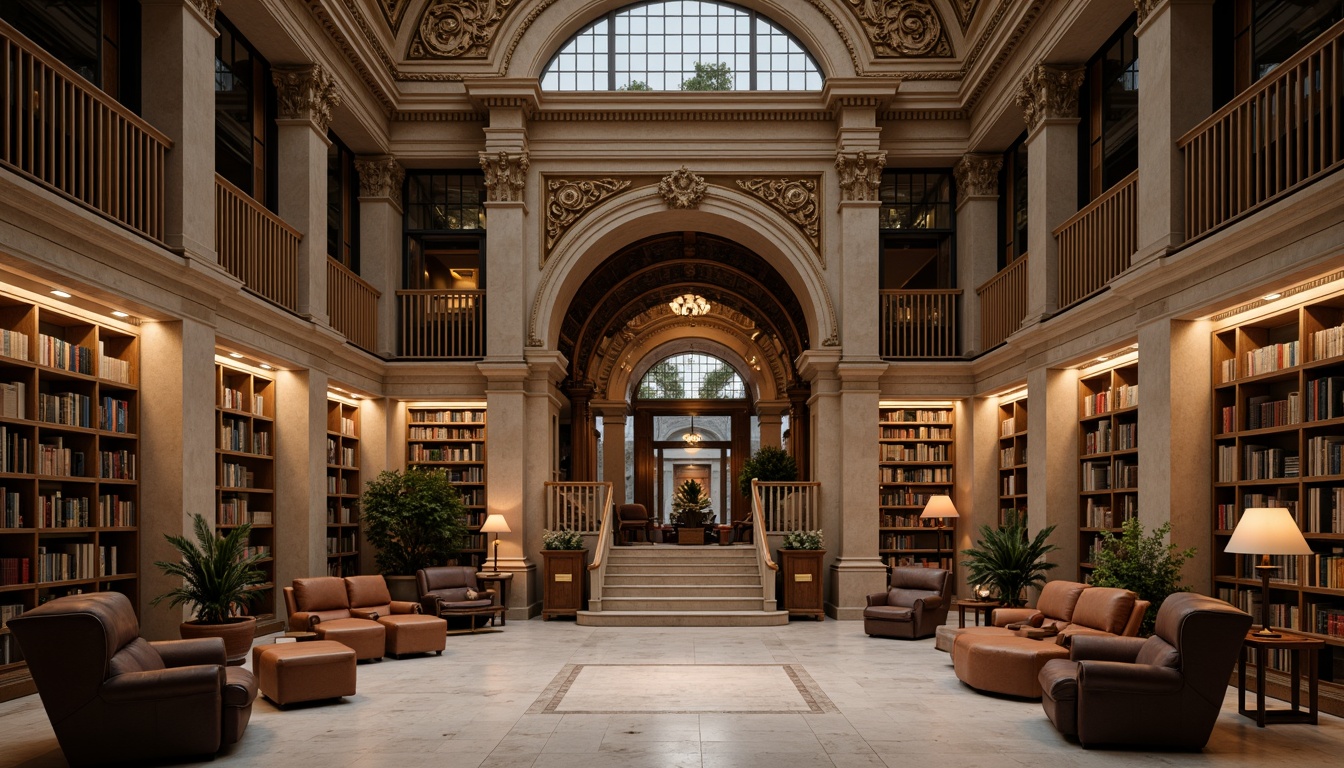 Prompt: Elegant neoclassical library, grand entrance, imposing columns, ornate facades, intricate stone carvings, symmetrical composition, classical pediments, rounded arches, ornamental moldings, subtle color palette, rich wood paneling, leather-bound tomes, polished marble floors, soft warm lighting, shallow depth of field, 1/1 composition, realistic textures, ambient occlusion.