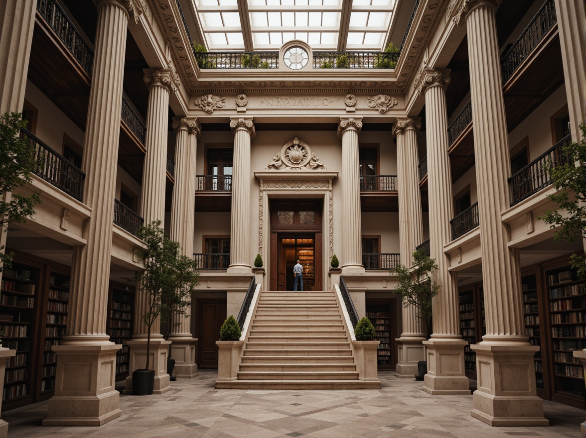 Prompt: Grand library building, neoclassical facade, ornate columns, carved stone details, symmetrical architecture, imposing entrance, grand staircase, sweeping archways, intricate moldings, classic pilasters, rusticated base, quoins, ornate doorways, pedimented windows, balustraded balconies, subtle color palette, muted warm lighting, high ceilings, marble flooring, wooden bookshelves, leather-bound tomes, soft focus, shallow depth of field, 1/2 composition, realistic textures, ambient occlusion.